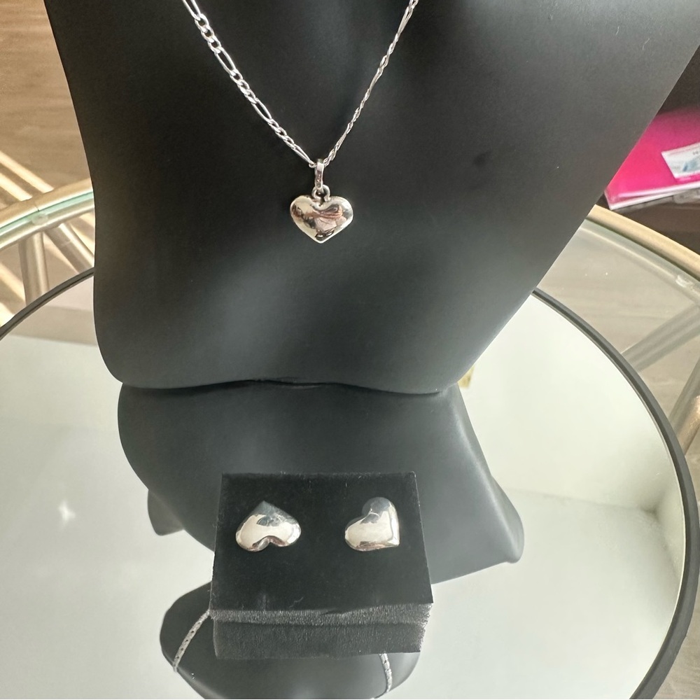 Sterling Silver Heart Necklace & Earrings Set from Mexico
